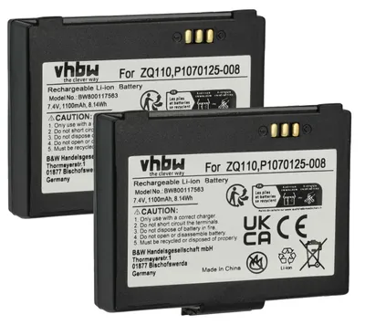 Produktbild von vhbw 2x Akku kompatibel mit Zebra ZQ110, ZQ220, ZR128 Barcodescanner POS (1100 mAh, 7,4 V, Li-Ion)
