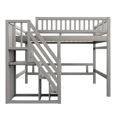 Produktbild von Flieks Etagenbett 140x200cm mit Rausfallschutz, Hochbett mit Treppe mit Kleiderstange und Ablagen, Kinderbett Doppelbett mit Lattenrost, Grau