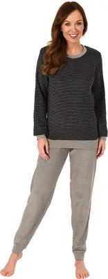 Produktbild von Damen Frottee Pyjama Schlafanzug mit Bündchen in eleganter Streifenoptik - 291 201 13 781 ; schwarz , 36