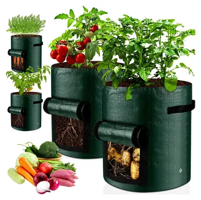 Produktbild von 4 Stück Kartoffelpflanzsäcke mit Griffen und Sichtklappe, 10 Gallonen wiederverwendbare Kartoffelsäcke, atmungsaktive Pflanzbeutel für Gemüse, Tomaten, Erdbeeren, Blumen und Pflanzen
