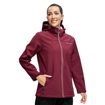 Produktbild von Damen Softshelljacke wasser- und winddicht mit Kapuze Gefütterte Outdoor-Jacke mit Reflexstreifen Verstellbare Manschetten, atmungsaktiv  Bordeauxrot
