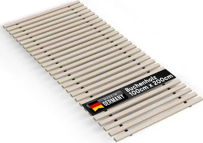 A wooden bed slat base is shown from a diagonal angle against a white background.