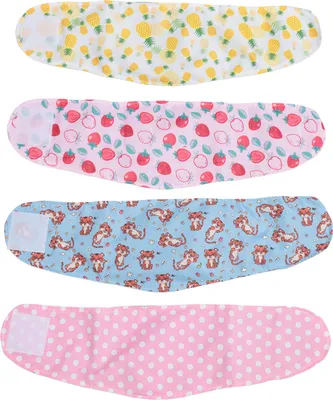 Four dog diapers with different patterns are stacked vertically.