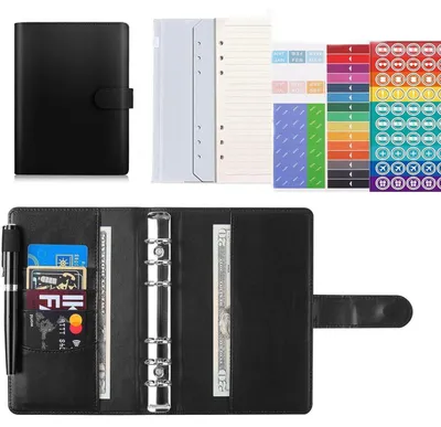Image de Cahier à anneaux A5, en simili cuir, avec 6 anneaux, rechargeable et avec accessoires
