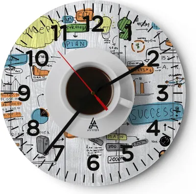 Produktbild von Wanduhr - Rund - Glasuhr - Kaffee Morgen Tasse Frühstück - 40x40cm - Schleichendes Uhrwerk - Lautlos - zum Aufhängen bereit - Dekoration Modern - Wanddekoration aus Glas - C4AR40x40-2481
