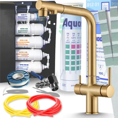 Produktbild von Ari Venom 2 3-Wege Küchenarmatur Gebürstetes Gold Ausziehbar mit 5-Stufen Wasserfiltersystem Untertisch Trinkwasserfilter