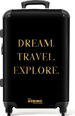 Produktbild von NoBoringSuitcases.com® Großer Koffer - Zitate - Traumreise erkunden - Gold - Reisen - Schwarz - Kombinationsschloss TSA - Hartschalen Trolley 4 Rollen - 72 liter - Reisekoffer - 66 cmKoffer Mittelgroß 67x43x25 cm, 72L,