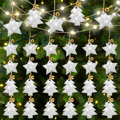 24 Weihnachtsanhänger aus Holz: Tannenbaum & Stern mit Glöckchen