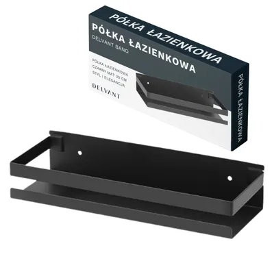 A black bathroom shelf and its packaging are shown against a white background.