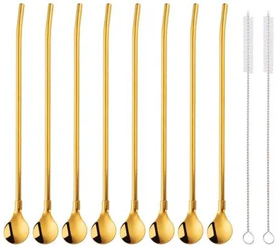 Productafbeelding van Unyqoos® Roestvrijstalen drinkrieten set, goudkleurig, 21,5 cm, met lepel en 2 reinigingsborsteltjes – herbruikbaar, roestvrij, ideaal voor latte macchiato en cocktails