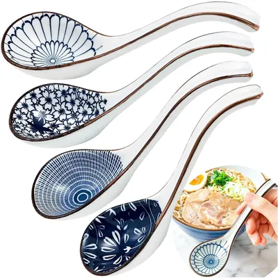 Produktbild von Set aus 4 chinesischen Keramik-Löffeln - Japanische Ramen-Löffel für Suppe und Gerichte