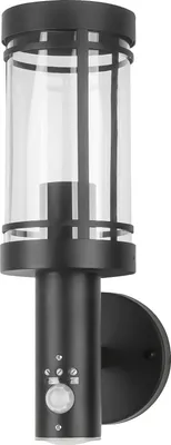 A black outdoor wall light with a glass cylinder.