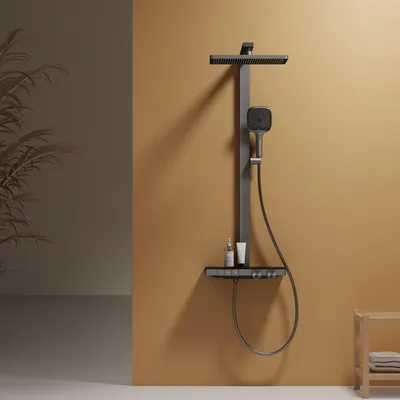 Image de Système de douche EMKE avec thermostat, anthracite mat - Débit d'eau réglable, douche de pluie 36x24 cm, douchette à main avec 4 jets