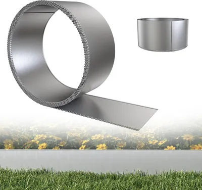 A metal garden edging product is shown in a roll and a formed circle, with a blurred background of flowers and grass.