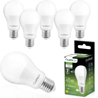 Zdjęcie produktu dla Żarówka LED LUMILED E27 A60 5 W, zamiennik 40 W, 550 lm, 4000 K (biała neutralna), 230 V, kąt rozsyłu światła 260°, nieściemnialna, 6 sztuk, oświetlenie wewnętrzne, energooszczędna, żarówka w kształcie kropli, zestaw 6 sztuk