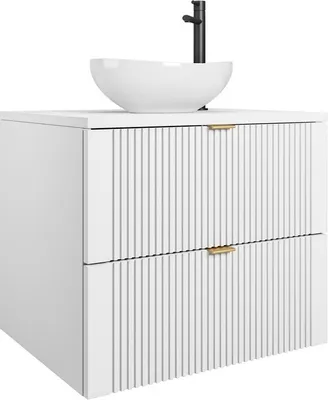 Produktbild von Easy4You Unterschrank DAKI 60 cm Weiß mit Goldgriffe Hängeschrank Badschrank Badezimmerschrank mit 2 Schubladen - Geriffelte Front