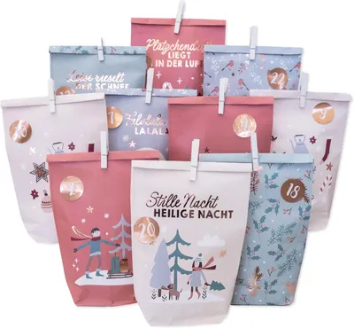 Produktbild von Adventskalender 2025 – Fröhliche Weihnachten – Selbst befüllbar – 24 Papiertüten mit Zahlaufklebern – DIY – Bastelset
