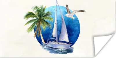 Produktbild von MuchoWow® Poster Segelboot - Vogel - Palme - Meer 40x20 cm - Poster für die Wand - Poster Schlafzimmer