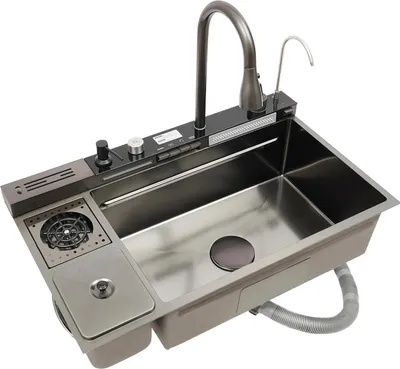 Produktbild von Küchenspüle Set - Einzelbecken 82x48 cm - 304 Edelstahl - 360° ausziehbare Armatur mit 3 Strahlarten - Becherspüler & Seifenspender - Unterbau/Flachaufbau - Schwarz