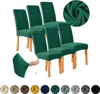 Produktbild von MEBLE ODNOWA, Stuhlhusse, Stuhlbezug, Standardgröße, Jacquard, Dunkelgrün, 6er Set, Karostruktur, elastisch, Stuhlbezüge, Stuhlhussen, maschinenwaschbar