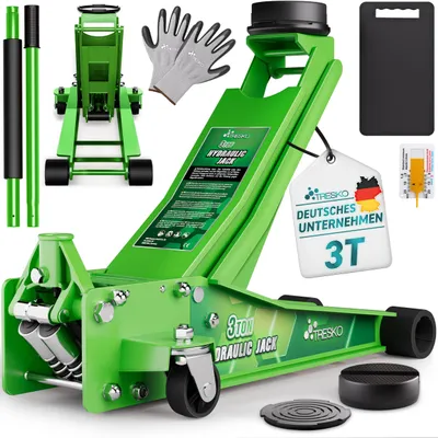 Obrázek produktu pro TRESKO® Hydraulický zvedák na auta 3T výška zdvihu 75-510mm | Hydraulický zvedák na auta s plochým dvojitým pístem a 360° kolečky včetně 2X gumové podložky, ochranné rohože, rukavic, profilového nože