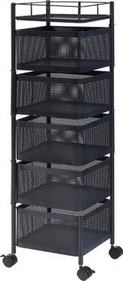A black rolling cart with five mesh baskets and a top shelf, shown against a white background.