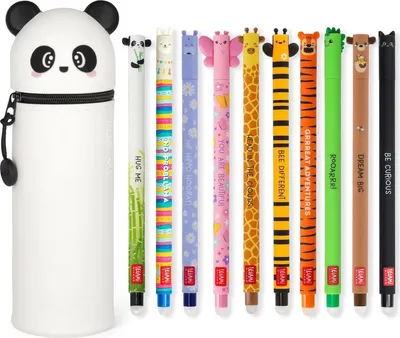 Produktbild von LEGAMI Set mit 10 radierbaren Gelstiften + Panda 2-in-1 Federmäppchen  mit thermoempfindlicher Löschtinte, verschiedene Tintenfarben und Schaftdesigns, 0,7 mm Spitze, Set 2