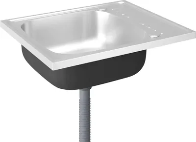 A stainless steel sink with a black basin and a flexible drain pipe, shown against a white background.
