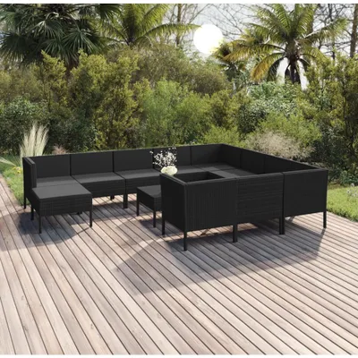 Produktbild von Möbel 12-tlg. Garten-Lounge-Set mit Auflagen Poly Rattan Schwarz - Balkonmöbel 3094513