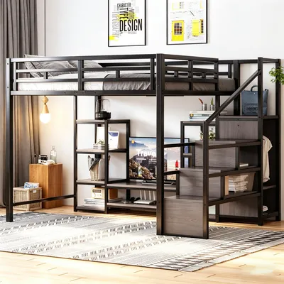 Produktbild von Merax Etagenbett Hochbett 140x200cm aus Metall und Holz, Kinderbett mit TV-Ständer und LED, Jugendbett mit Sicherheitsleiter und Stauraum, Schwarz