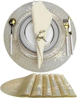 Produktbild von Famanu Platzsets 6 Stück runde abwaschbare Weihnachts-PVC-Platzsets - rutschfest und hitzebeständig - gold