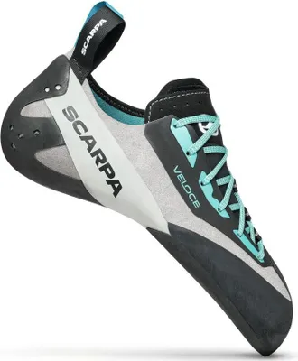 Schnür-Kletterschuh "Veloce Lace Wmn" von Scarpa in Schwarz und Türkis; seitliche Ansicht.