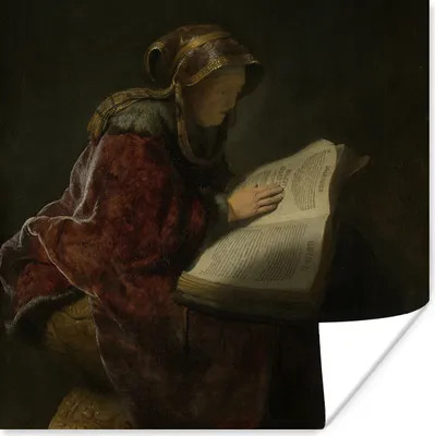 Produktbild von MuchoWow® Poster Alte Frau beim Lesen, wahrscheinlich die Prophetin Hanna - Gemälde von Rembrandt van Rijn 50x50 cm - Wohnzimmerdekoration