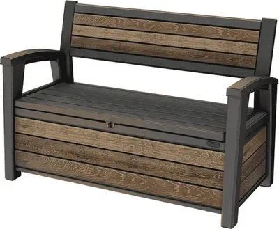 A storage bench with a wood-like finish.