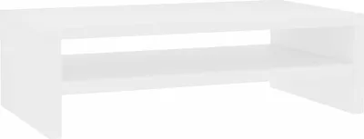 A white monitor stand with a shelf underneath.