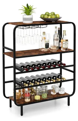 Produktbild von 5 Etagen Weinregal, Flaschenregal für 16 Flaschen, Weinständer mit Glashaltern, Ausstellungsregal für Keller, bar und lagerraum, 90 x 35 x 117 cm, Vintagebraun