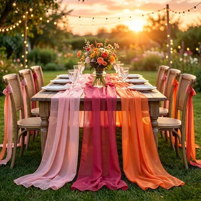 Productafbeelding van Tafellopers - Set van 3 - Roze oranje - Feestdecoratie - 300 cm - Boho Gaas