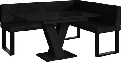 Produktbild von MEBLINI Eckbank für Esszimmer mit ausziehbarem Tisch - Küchenbank - Essecke - Sitzecke Küche - PETER - U-Beine 128x168x87cm Rechts - Schwarz Samt/M Schwarz Hochgl.