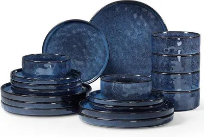 Produktbild von Keramik Serviesset 6 Personen Blau mit Müslischalen, Teller und Dessertteller