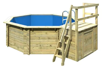 Produktbild von Karibu | Achteck Massivholz Pool 358 x 358 x 124 cm Modell 1B | SET inkl. Sonnenterrasse 94,5 x 166 cm, Zubehör und Pool Leitern