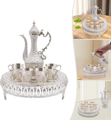 Image de Set de service à thé, tasse à café et théière Set avec 6 tasses de thé et 1 plateau de thé, Vintage Exquisite Metal Tea Service Set