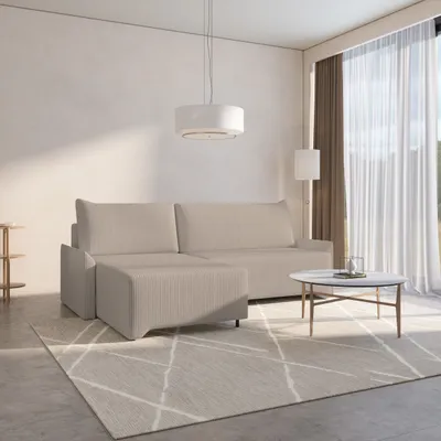 Produktbild von MOEBLO Ecksofa aus Cord – Ottomane beidseitig montierbar, Ecksofa , Couch für Wohnzimmer, Schlafsofa Sofagarnitur Sofa Eckcouch L-Form Cordstoff mit Bettkasten und Schlaffunktion - Ecksofa Rocky - Links, Beige (Poso 02)