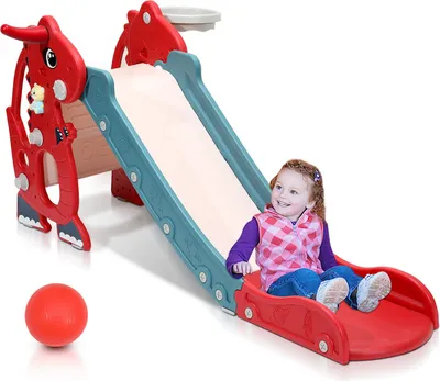 Produktbild von Jopassy Kinderrutsche Rutsche Gartenrutsche 4-in-1 Kinder Spielplatz mit Basketballkorb Wurfring Englisch-Lerngerät Rot