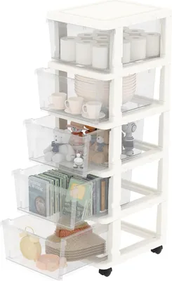 Immagine prodotto di Cassettiera in plastica - pratico cassetto portaoggetti per la casa - 5 pezzi - trasparente e bianco