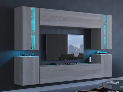 Produktbild von Furnitech Wohnwand Eiche Sonoma | Wohnzimmer Möbel mit LED Blau | Hängend Wohnwand Modern | Wohnzimmer Schrankwand mit Regale und TV Schrank
