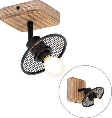 Produktbild von QAZQA - Industrie I Vintage I Industrie I Vintage Ir Deckenstrahler schwarz mit Holz - Jasmijn I Wohnzimmer I Schlafzimmer - Stahl Quadratisch - LED geeignet E14