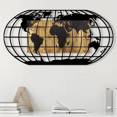 Immagine prodotto di Wallity, World- SKL2191, Colore noce,Nero, Altre decorazioni per la casa, 102 x 3 x 50 cm, 100% metallo (spessore: 1