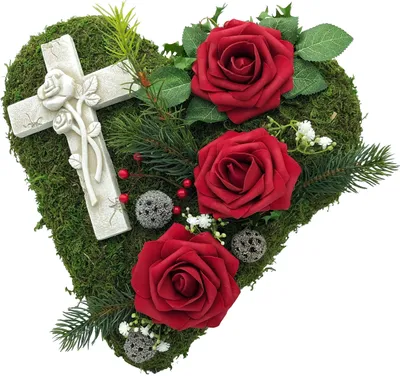 Produktbild von Grabgesteck Grabschmuck Moosherz Grabherz Kreuz Trauerherz Grab Gesteck Rosen ROT