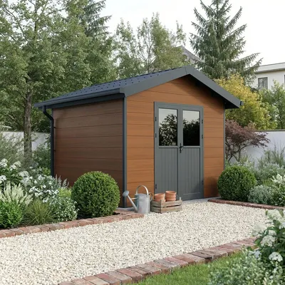 Produktbild von WPC Gartenhaus ISORA – 9 m², braun – Dielenstärke: 28 mm – Werkstattkabine/FahrradGerätehaus – Aluminium-Tischlerei