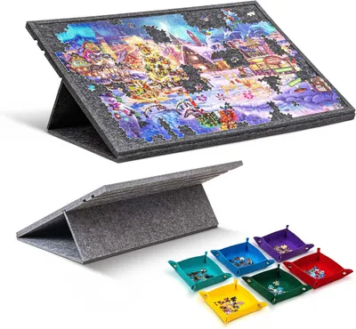 Produktbild von Puzzlebrett, Puzzlematte, Puzzle Aufbewahrung, Filz-Puzzle-Aufbewahrungstisch, mit 6 Sortierfächer, 2-in-1-Ständer und Abdeckung, für 1000 Teile
